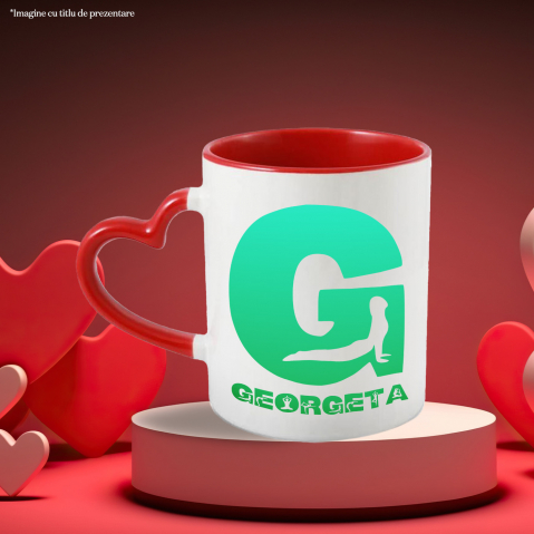 Cana Iubitorii De Yoga, relaxare, Meditatie, Text Nume Personalizat, Culoare Verde, Cu Litera, 330ML, Ceramica, Cu Maner Inima Rosie si Interior Rosu [2]