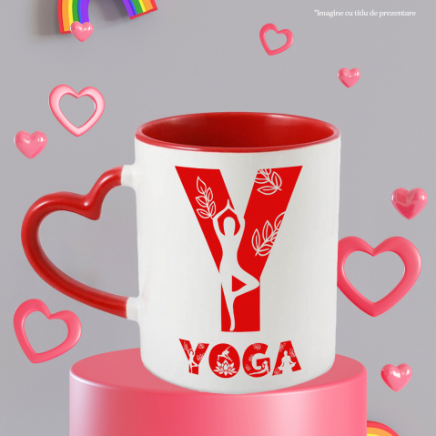 Cana Iubitorii De Yoga, Sportiva, Text Nume Personalizat, Copii, Culoare Rosu, Cu Litera, 330ML, Ceramica, Cu Maner Inima Rosie si Interior Rosu [2]