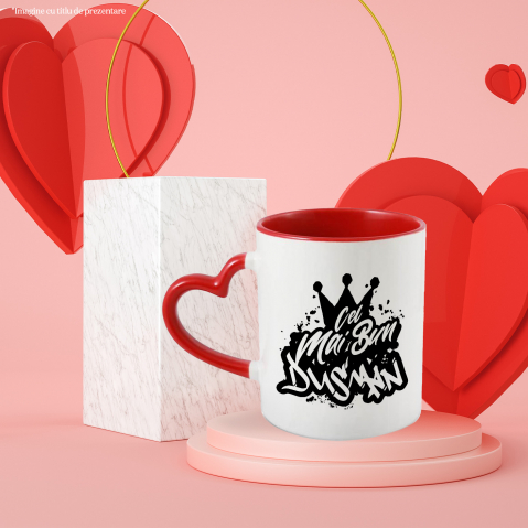 Cana Pentru Cel Mai Bun dusman, Apreciere, Cadou, Rasplata, Multumire, 330ml, Ceramica cu Maner Inima Rosie [2]