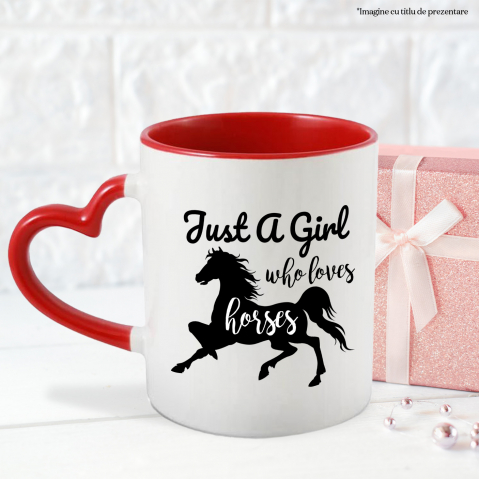 Cana pentru o fata iubitoare de cai cu desenul unui cal si mesaj in engleza cu Maner Inima Rosie [2]