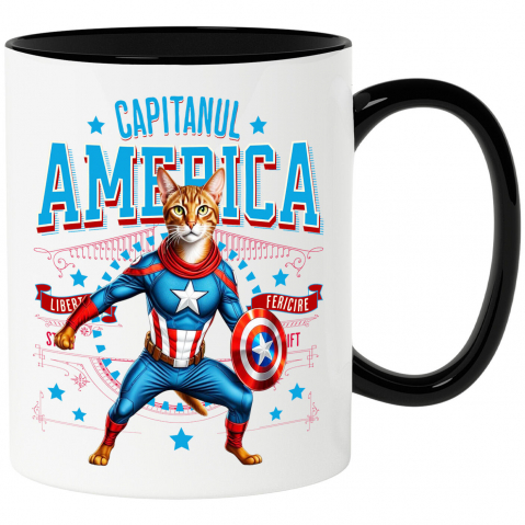 Cadouri Pentru Cupluri - Cana Personalizata Pisica Abisiniană în Costum de Captain America cu Pelerină - Cadou Personalizat pentru Copii și Iubitorii de Pisici
