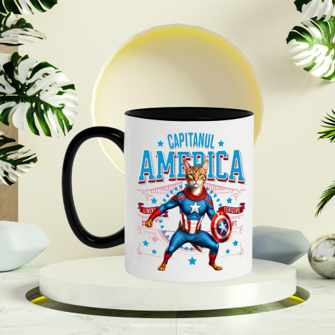 Cana Personalizata Pisica Abisiniană în Costum de Captain America cu Pelerină - Cadou Personalizat pentru Copii și Iubitorii de Pisici [2]