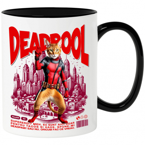 Supereroi - Cana Personalizata Pisică Abisiniană în Costum Deadpool – Supererou Amuzant pentru Iubitorii de Pisici