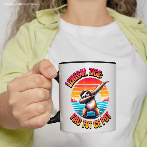 Cana Personalizata "Produse personalizate pentru vacanță – Animal leneș pe plajă la apus cu text 'Leneșul zice fac tot ce pot'" [1]