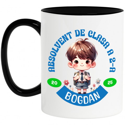 Cana Personalizata Băiat Școlar cu Breton și Rucsac Personalizat „Absolvent de Clasa a 2-a Bogdan” - Cadou Educativ