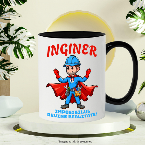 Cana Personalizata Bărbat Cu Salopetă Albastră Și Pelerină Roșie – Cadou Personalizat „Inginer Imposibilul Devine Realitate” [2]