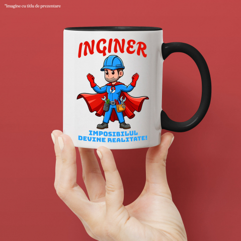 Cana Personalizata Bărbat Cu Salopetă Albastră Și Pelerină Roșie – Cadou Personalizat „Inginer Imposibilul Devine Realitate” [1]