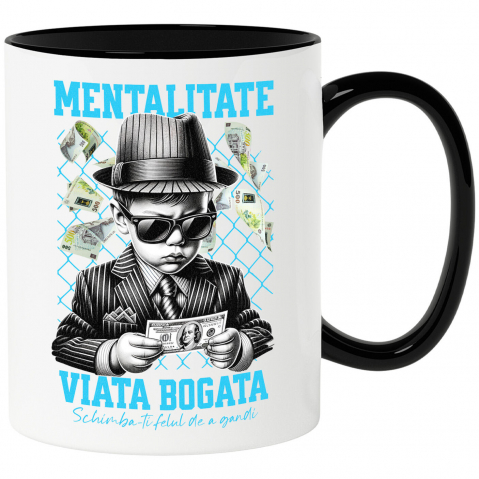 BANI - Cana Personalizata Bebeluș în Costum Stil Mafiot cu Ochelari și Bancnotă – „Mentalitate Viață Bogată” – Cadou Personalizat pentru Familie, Tati, Copii, Prieteni