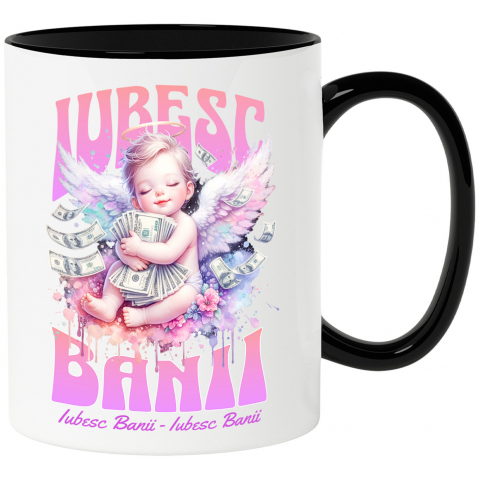 BANI - Cana Personalizata Bebelus Înger pe Nor cu Bancnote – „Iubesc Banii” – Cadou Personalizat pentru Familie, Tati, Copii, Prieteni