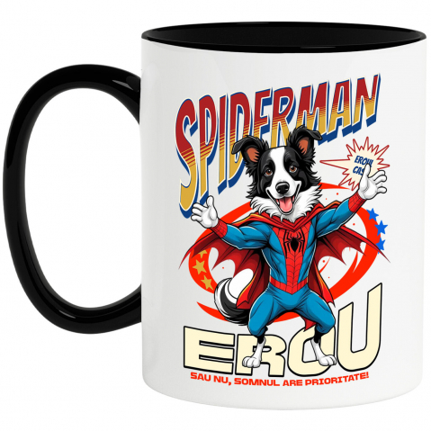 Cadouri Pentru Cupluri - Cana Personalizata Border Collie în Costum Spider-Man - Cadou Personalizat pentru Copii și Familie