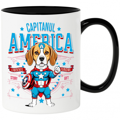 Cani Personalizate - Cana Personalizata Boxer în Costum Captain America cu Pelerină - Cadou Personalizat pentru Copii și Iubitorii de Câini