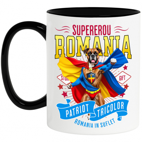 Căni - Cana Personalizata Boxer în Costum de Căpitan România – Cadou Personalizat pentru Iubitorii de Câini