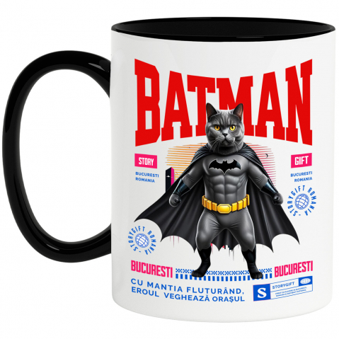 Cadouri Pentru Cupluri - Cana Personalizata British Shorthair în Costum de Batman – Supereroul Perfect pentru Copii și Iubitorii de Pisici