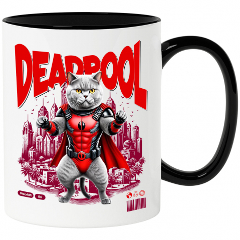 Supereroi - Cana Personalizata British Shorthair în Costum Deadpool – Pisică Supererou Amuzantă pentru Iubitorii de Animale