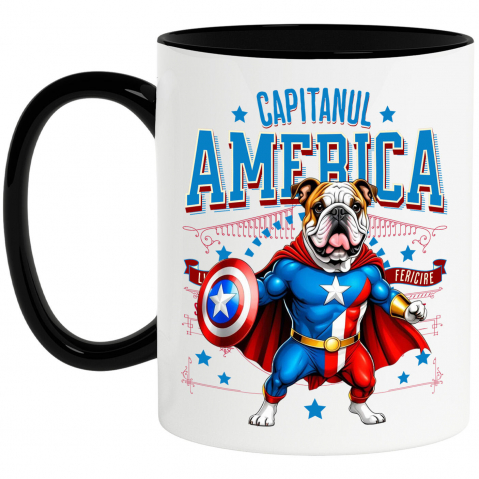 Cani Personalizate - Cana Personalizata Bulldog în Costum Captain America cu Pelerină - Cadou Personalizat pentru Copii și Iubitorii de Câini