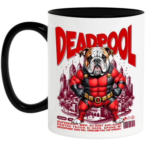 Cani Personalizate - Cana Personalizata Bulldog în Costum Deadpool - Cadou Personalizat pentru Copii și Familie
