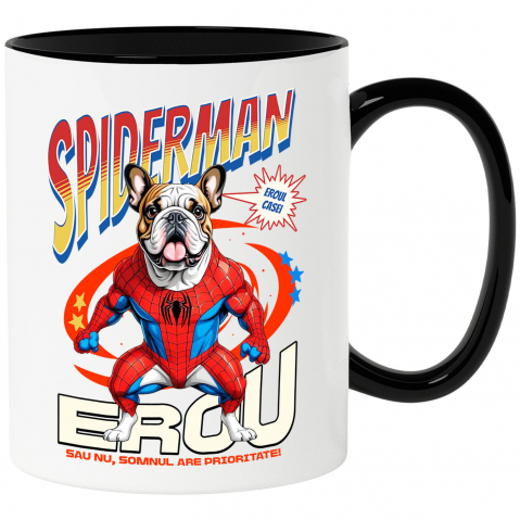 Căni - Cana Personalizata Bulldog în Costum Spider-Man - Cadou Personalizat pentru Copii și Familie