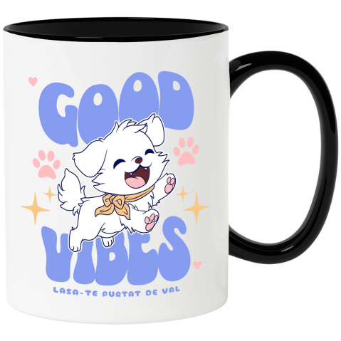 CAINE - Cana Personalizata „Câine Alb Vesel Alergând – Good Vibes – Cadou Personalizat pentru Iubitorii de Câini”