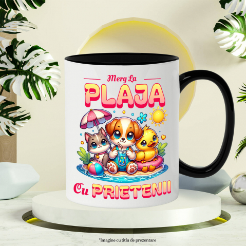 Cana Personalizata Câine, Pisică și Rață cu Colac pe Plajă – Cadou Personalizat pentru Copii și Familie [2]