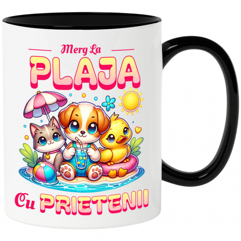 Copii - Cana Personalizata Câine, Pisică și Rață cu Colac pe Plajă – Cadou Personalizat pentru Copii și Familie