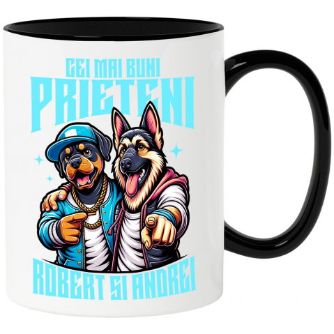 Prieteni - Cana Personalizata "Câine Rottweiler și Ciobanesc German Imbrățișare - Cei Mai Buni Prieteni Robert și Andrei"