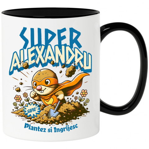 Supereroi - Cana Personalizata Cârtița Cu Mască Și Pelerină Roșie Super Erou – Cadou Personalizat Pentru Alexandru