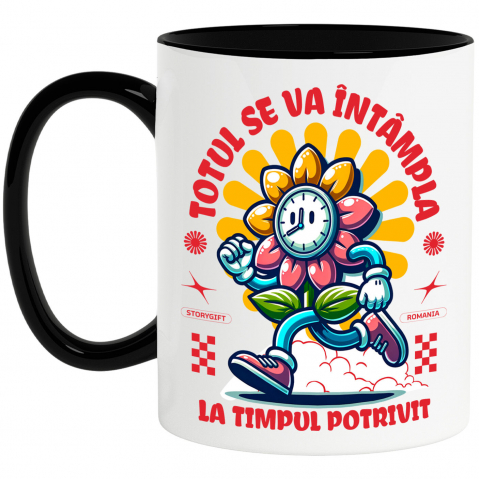 Citate - Cana Personalizata „Totul se va întâmpla la momentul potrivit” - Ceas Floarea Soarelui Personalizat | Cadou Inspirational pentru Familie și Prieteni