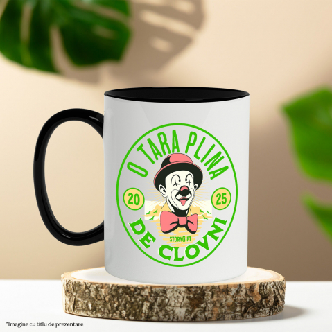 Cana Personalizata Cerc Stil Monedă cu Clovn cu Papion și Pălărie Roșie - Cadou Amuzant Personalizat „O Țară Plină de Clovni” [2]