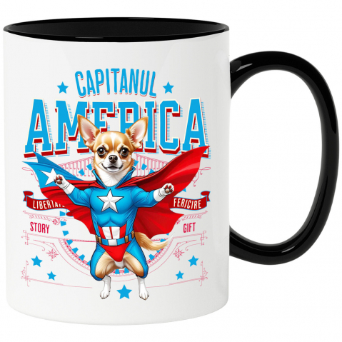 Cani Personalizate - Cana Personalizata Chihuahua în Costum Captain America cu Pelerină - Cadou Personalizat pentru Copii și Iubitorii de Câini