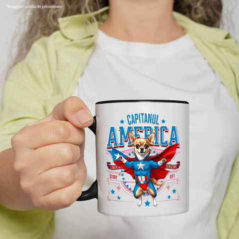 Cana Personalizata Chihuahua în Costum Captain America cu Pelerină - Cadou Personalizat pentru Copii și Iubitorii de Câini [1]