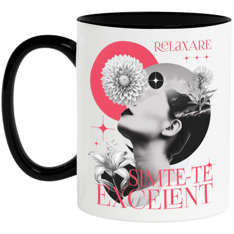 Mixed - Cana Personalizata Chip Feminin cu Flori Diverse - „Relaxare, Simte-te Excelent” - Cadou Motivațional