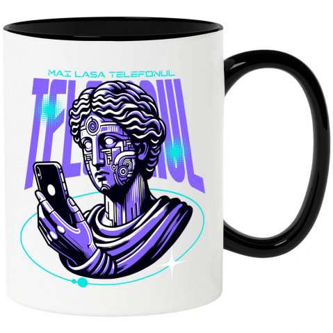 Mixed - Cana Personalizata Chip Uman Statuie Grecească cu Telefon și Robot - „Haios, Mai Lasa Telefonul” - Cadou Personalizat