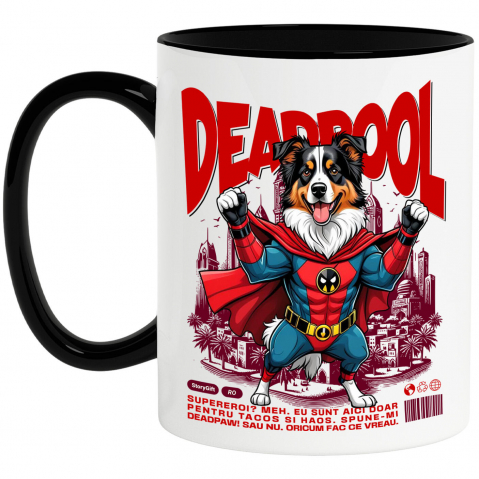 Cani Personalizate - Cana Personalizata Ciobănesc Australian în Costum Deadpool – Câine Supererou Amuzant și Personalizat