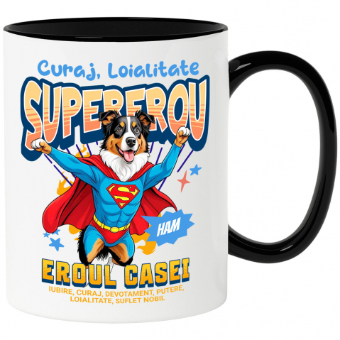 Supereroi - Cana Personalizata Ciobănesc Australian în Costum de Superman – Produse Personalizate pentru Copii și Familie