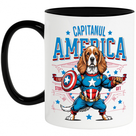 Cadouri Pentru Cupluri - Cana Personalizata Cocker Spaniel în Costum de Captain America - Cadouri Personalizate pentru Iubitorii de Animale