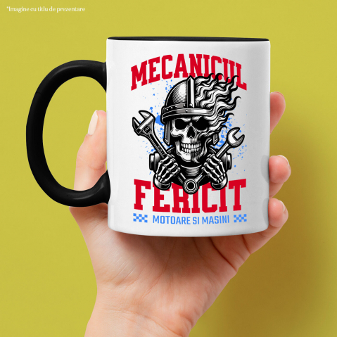 Cana Personalizata Craniu cu Cască și Flăcări – Mecanicul Fericit, Pasiune pentru Motociclete [1]