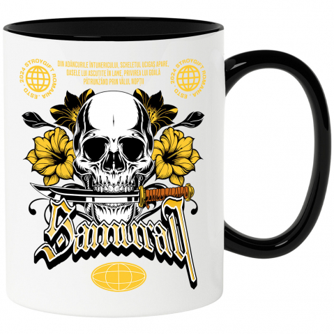 Razboinic - Cana Personalizata Craniu Uman cu Cuțit și Flori Colorate – Design Samurai și Războinici