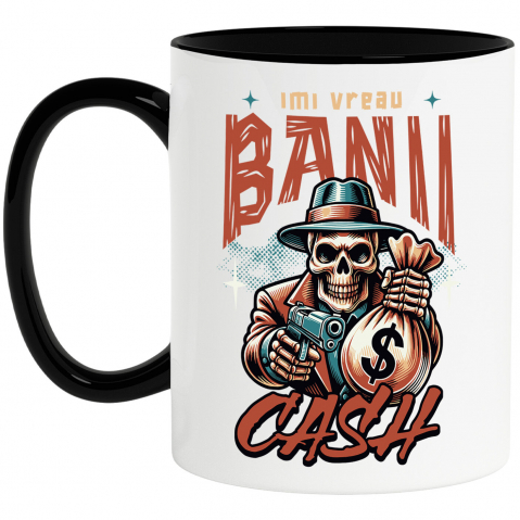 BANI - Cana Personalizata Craniu Mafiot cu Bani și Armă – Design Badass Personalizat