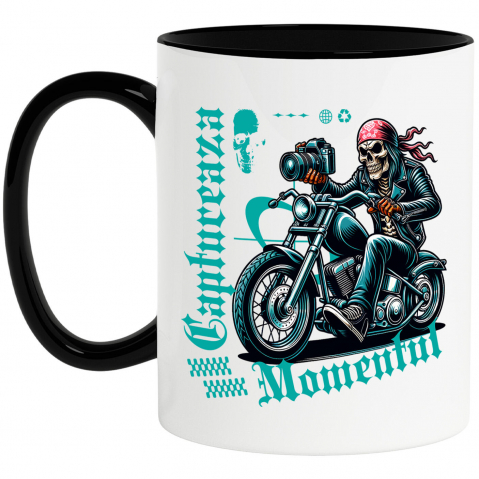 Motociclete - Cana Personalizata Craniu Motociclist Cu Bandană Roșie și Aparat Foto – Design Rebel și Original