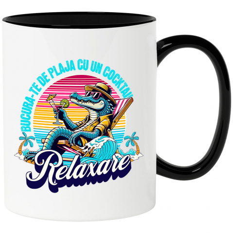 Plaja - Cana Personalizata "Produse personalizate pentru vacanță – Crocodil cu pălărie și ochelari de soare pe plajă cu cocktail"