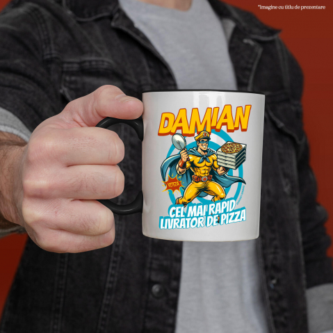 Cana Personalizata Cadou personalizat cu super erou livrator pizza | „Damian, cel mai rapid livrator de pizza” pentru tati și copii [1]