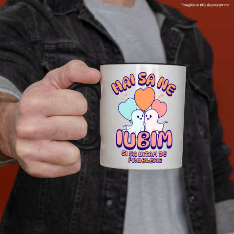 Cana Personalizata Cuplu Fantome Fericit cu Mesajul „Hai Să Ne Iubim Și Să Uităm De Probleme” | Cadou Personalizat Halloween [1]