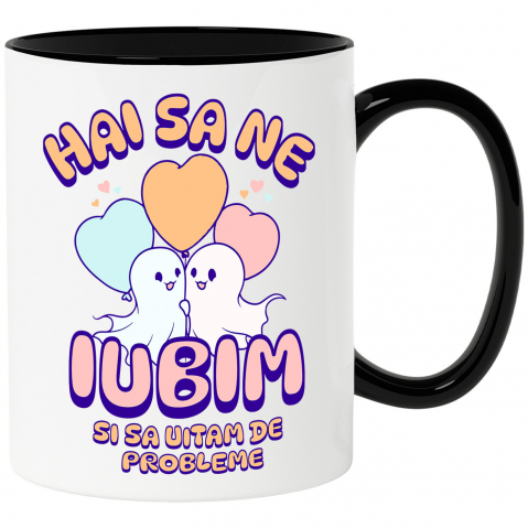 Halloween - Cana Personalizata Cuplu Fantome Fericit cu Mesajul „Hai Să Ne Iubim Și Să Uităm De Probleme” | Cadou Personalizat Halloween