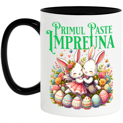 Paste - Cana Personalizata "Cuplu Fericit Iepuri Îndrăgostiți cu Oua Colorate - Paște și Iubire"