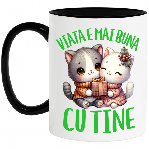 Cana Personalizata Cuplu Pisici Iubire – Cadou Crăciun „Viața e Mai Bună Cu Tine” pentru Iubitorii de Pisici