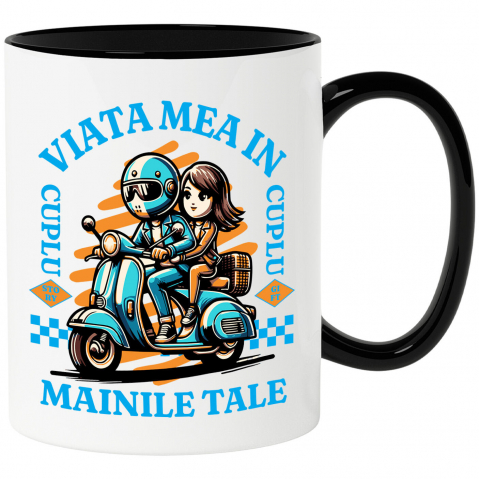 Motociclete - Cana Personalizata Cuplu Romantic pe Scuter – Aventură și Dragoste de Valentine's Day