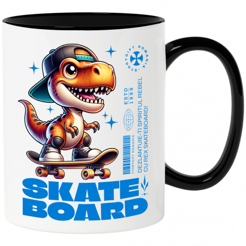 Cana Personalizata Dinozaur Skateboard Cu Șapcă – Design Urban Vesel