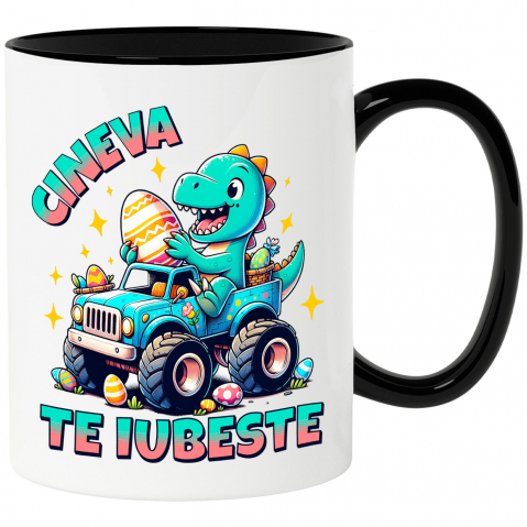 Paste - Cana Personalizata "Dinozaur Vesel în Mașină de Teren cu Oua Colorate – Cineva te Iubește, Cadou Paște"