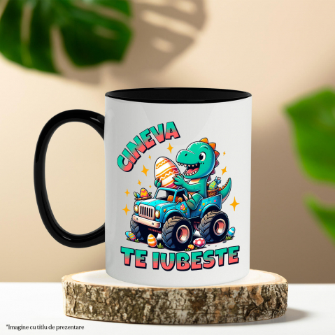 Cana Personalizata "Dinozaur Vesel în Mașină de Teren cu Oua Colorate – Cineva te Iubește, Cadou Paște" [2]