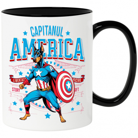 Cani Personalizate - Cana Personalizata Doberman în Costum de Captain America cu Pelerină - Cadou Personalizat pentru Copii și Iubitorii de Câini